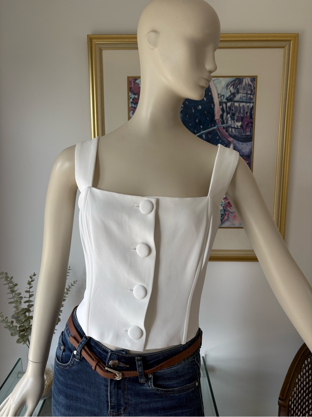 Ina White Square-Neck Button Corset Camisole